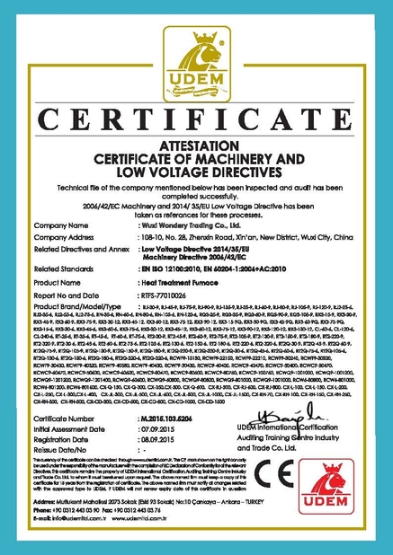 중국 Wuxi Wondery Industry Equipment Co., Ltd 인증